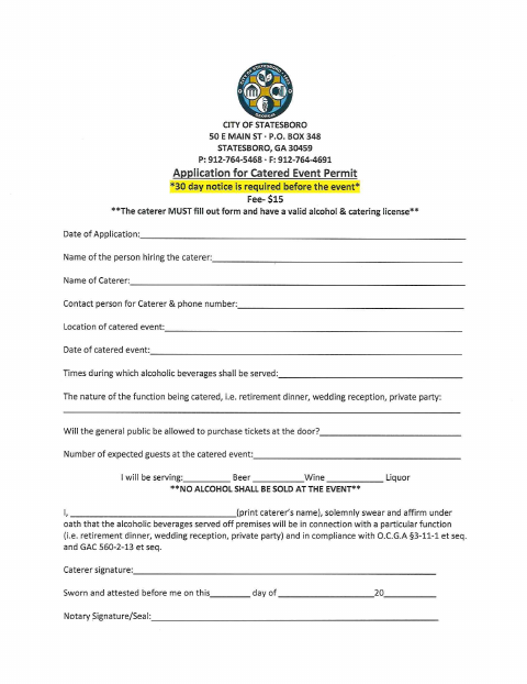 First page of the Catered Event Permit Application