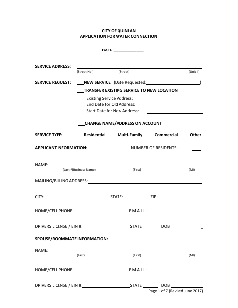 First page of the Application for Water Connection