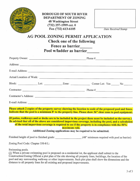 First page of the Above Ground Pool Zoning Permit Application