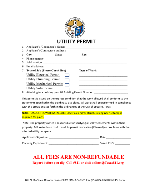 First page of the Utility Permit