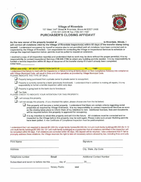 First page of the Purchaser’s Closing Affidavit