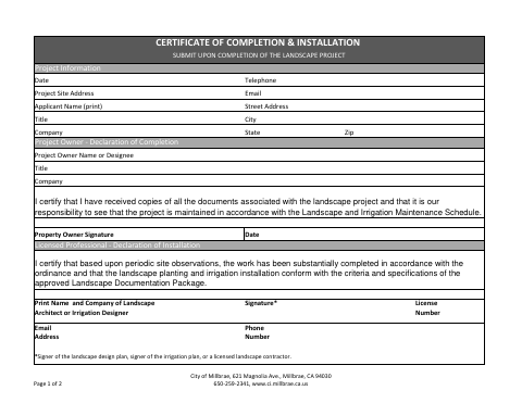 First page of the Certificate of Completion & Installation (Appendix C)