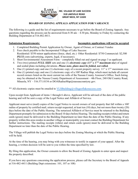 First page of the Board of Zoning Appeals Application for Variance
