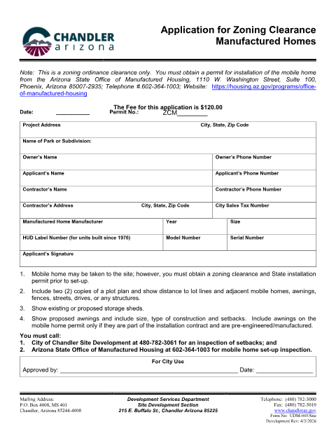 First page of the Application for Zoning Clearance of Manufactured Homes