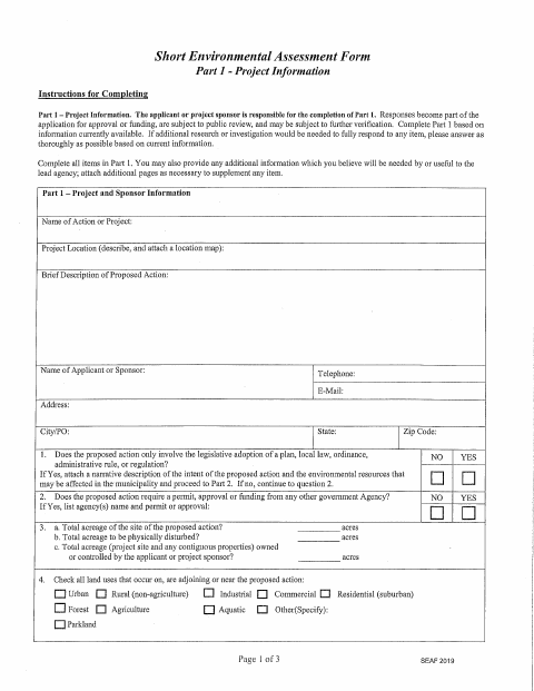 First page of the Short Environmental Assessment Form