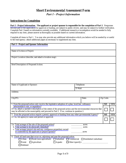 First page of the Short Environmental Assessment Form Part 1 - Project Information