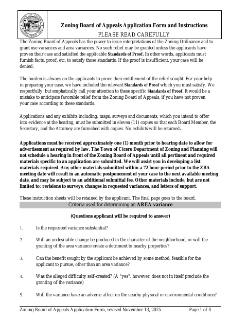First page of the Zoning Board of Appeals Application Form