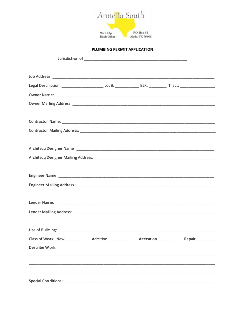 First page of the Plumbing Permit Application