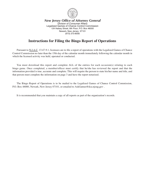 First page of the Bingo Report of Operations