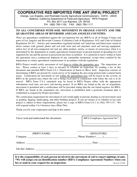 First page of the Cooperative Red Imported Fire Ant Project Soil Movement Form