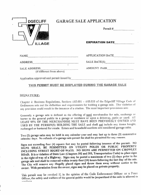 First page of the Garage Sale Application