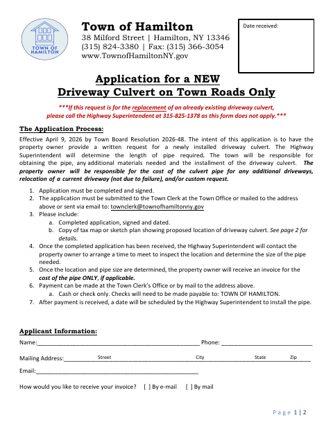 First page of the Application for a New Driveway Culvert on Town Roads Only