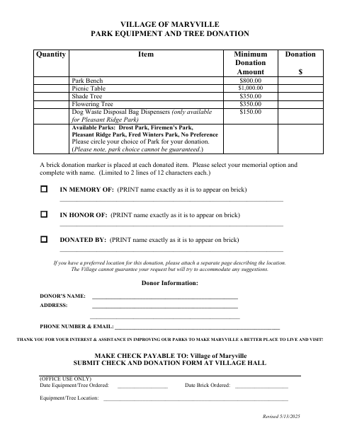 First page of the Park Equipment and Tree Donation