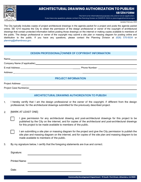 First page of the Architectural Drawing Authorization to Publish (SB 1214)
