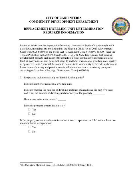 First page of the Replacement Dwelling Unit Determination Form