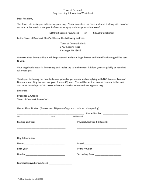 First page of the Dog Licensing Information Worksheet
