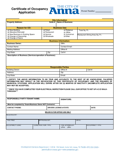First page of the Certificate of Occupancy Application