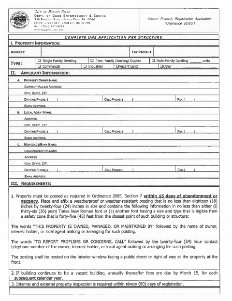First page of the Vacant Property Registration Application