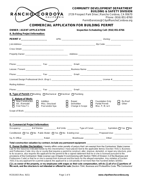 First page of the Commercial Application for Building Permit – Owner Form (RCB1003)
