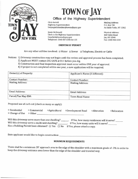 First page of the Driveway Permit