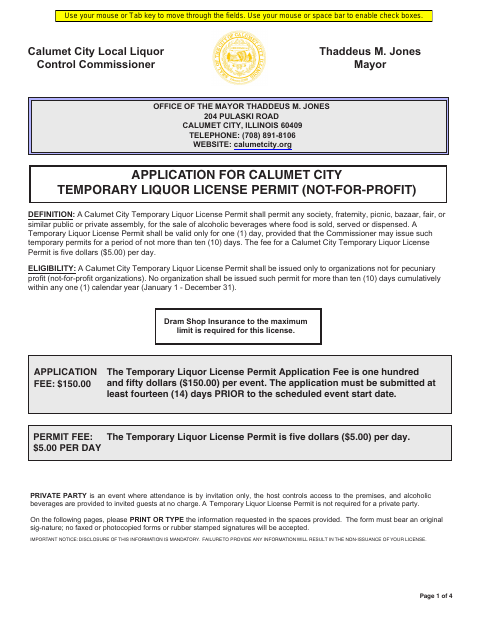 First page of the Temporary Liquor License Permit Application (Not-for-Profit)