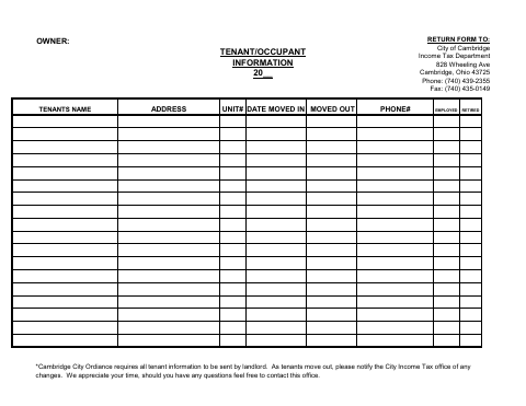 First page of the Owner: Tenant/Occupant Information