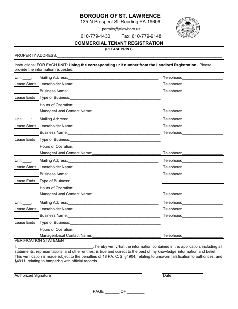 First page of the Commercial Tenant Registration Form