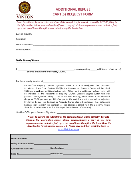 First page of the Additional Refuse Cart(s) Request Form