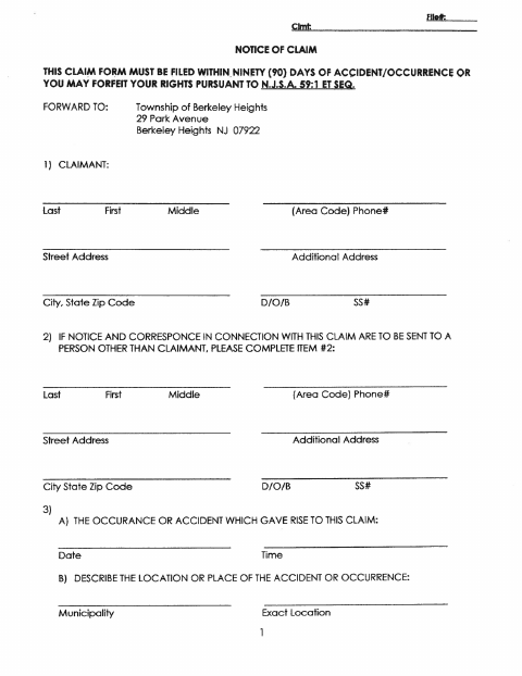 First page of the Notice of Insurance Claim