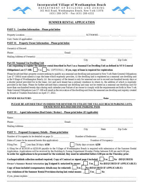 First page of the Summer Rental Application and Owner Attestation