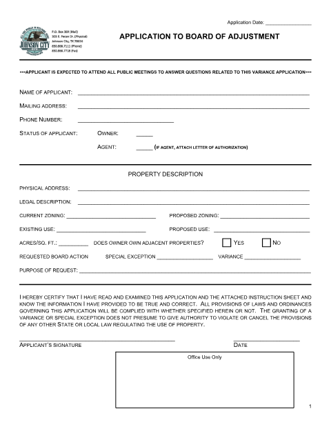 First page of the Application to Board of Adjustment (Variance)