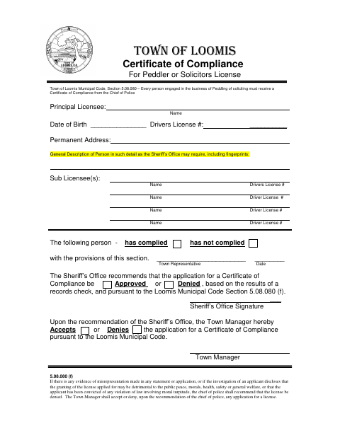 First page of the Certificate of Compliance for Peddler or Solicitors License