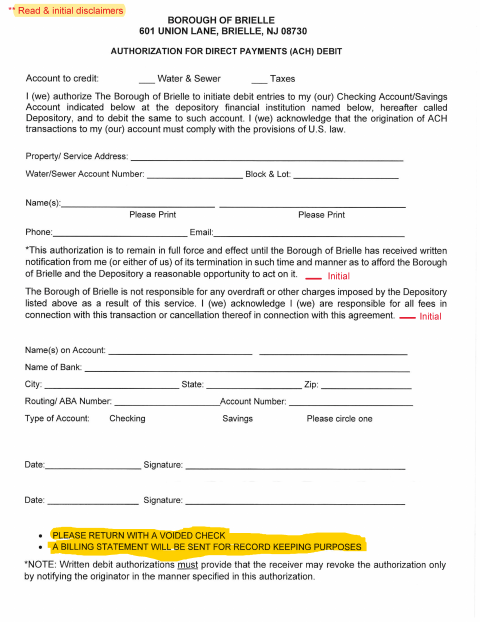 First page of the Authorization for Direct Payments (ACH) Debit