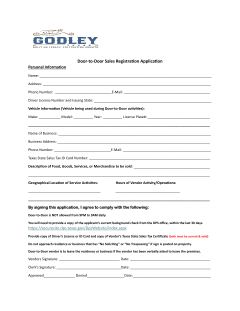 First page of the Door-to-Door Sales Registration Application