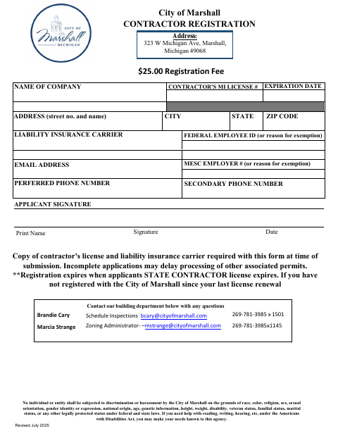 First page of the Contractor Registration