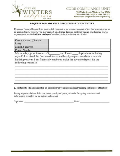 First page of the Request for Advance Deposit/Hardship Waiver
