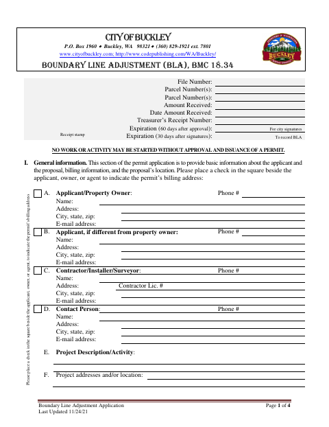 First page of the Boundary Line Adjustment Application