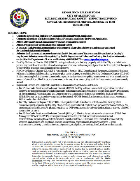 First page of the Demolition Release Form