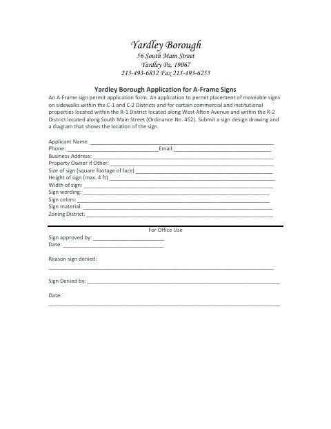 First page of the Application for A-Frame Signs