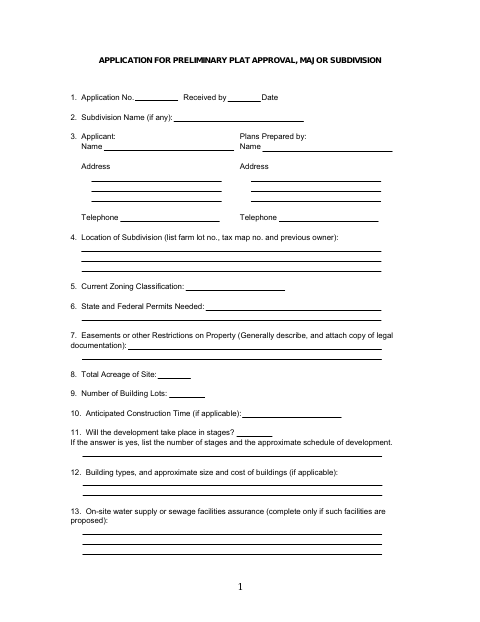 First page of the Application for Preliminary Plat Approval, Major Subdivision