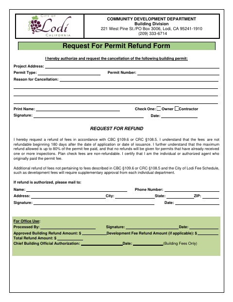 First page of the Request for Permit Refund Form