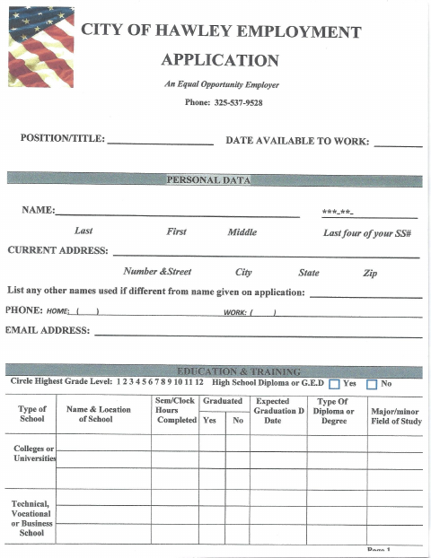 First page of the Employment Application