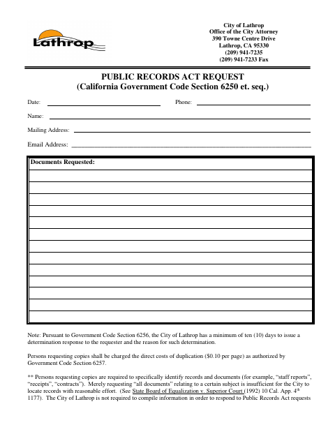 First page of the Public Records Act Request