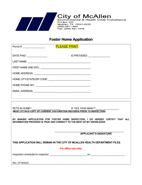 First page of the Foster Home Application