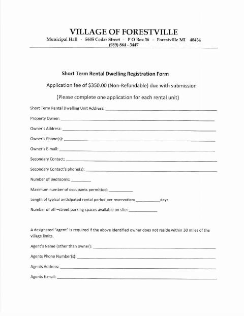 First page of the Short Term Rental Dwelling Registration Form