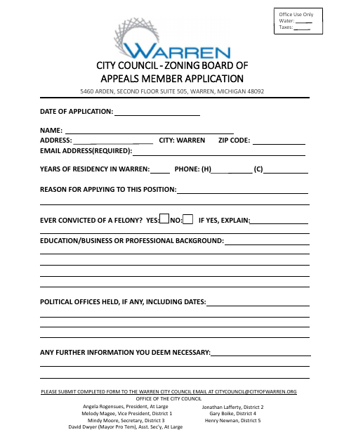 First page of the Zoning Board of Appeals Member Application