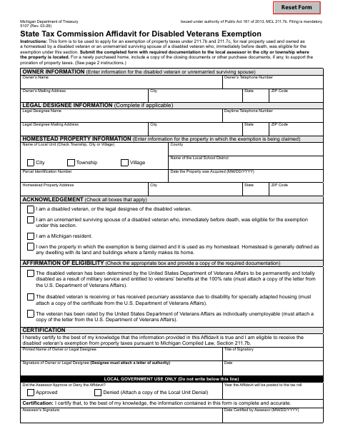 First page of the State Tax Commission Affidavit for Disabled Veterans Exemption