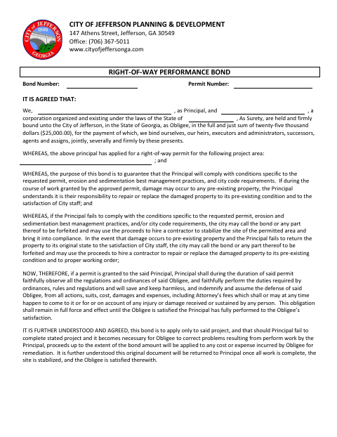 First page of the Right-of-Way Performance Bond Template