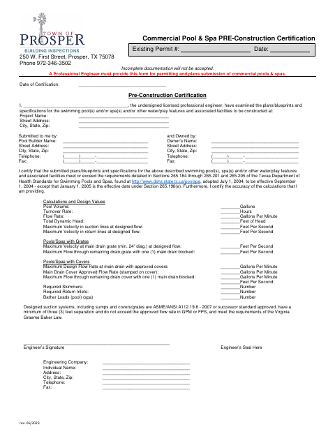 First page of the Commercial Pool & Spa Pre-Construction Certification