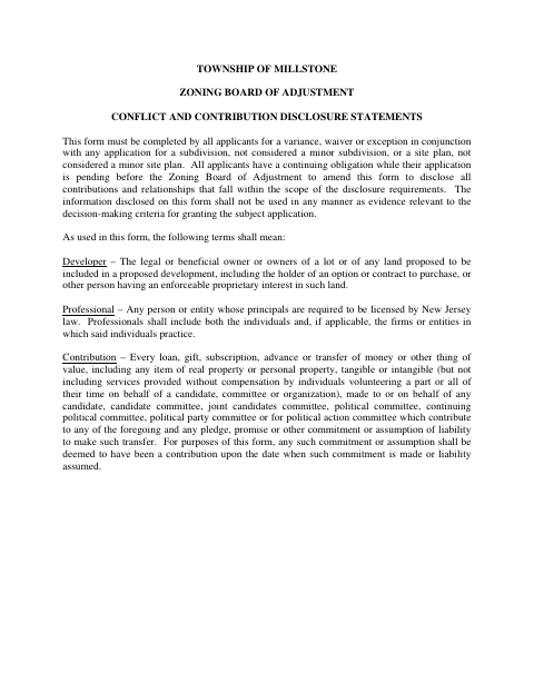 First page of the Zoning Conflict and Contribution Disclosure Statements